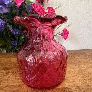 Vintage Cranberry Glass Vase‎ Diamond Thumbprint Pattern Ruffled Rim